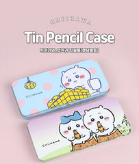 Two cartoon-themed tin pencil cases with cute animal illustrations on a pink background, branded 'CHIIKAWA'.
